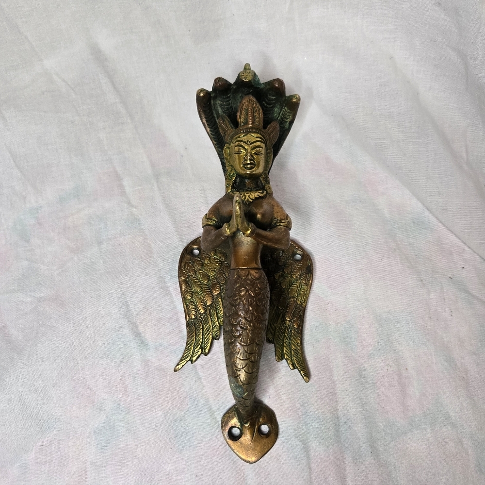VTG Brass Nagkanya Mermaid Serpent Door Pull Wall Hanging Boho Decor